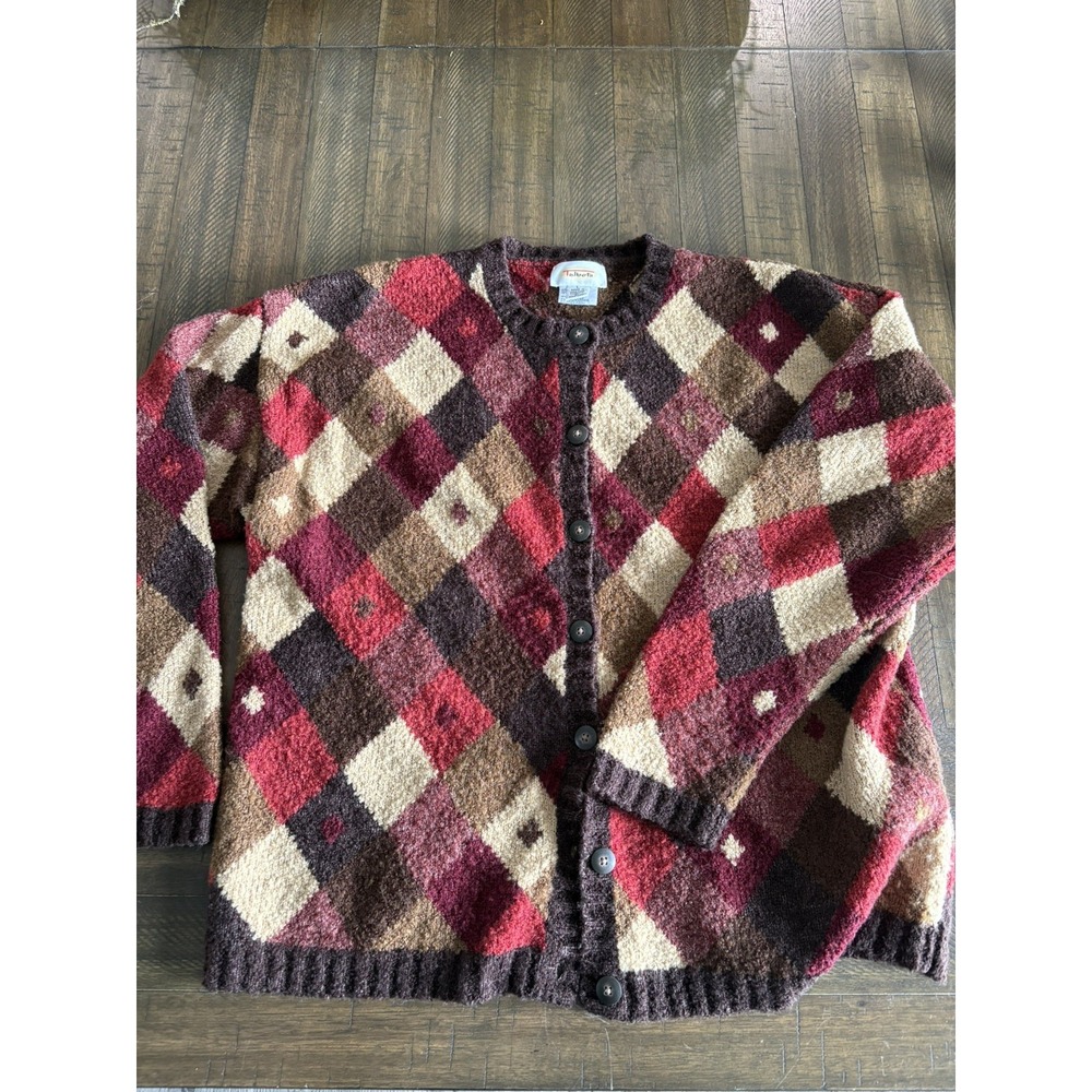 Talbots women's wool blend diamond print fuzzy cardigan sweater Vintage Soft